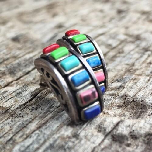 Womens Colorful Multi Beads Stone Semicircle Stud Earring Vintage Antique Silver Color Rainbow Stone Bohemian Single Row Earring