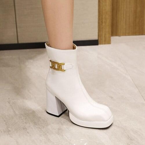 Ochanmeb Fetish Square Toe Thick Chunky High Heels Boots for Women Dress Street Brand Metal Chain Motorcycle Boot Shoe Ladies 48