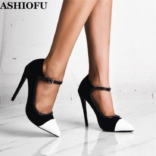 ASHIOFU Hot Sale New Womens High Heels Pumps Real Photos Mary Janes Party Prom Dress Shoes White-toe Sexy Evening Fashion Shoes
