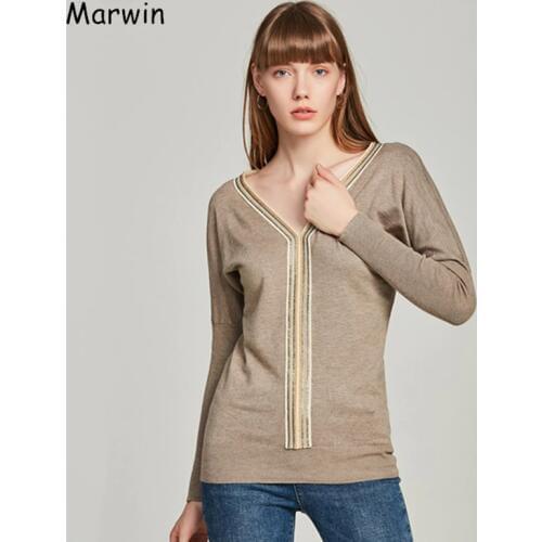Marwin 2019 New-coming Casual V-Neck Pullovers Beading Solid Women Sweaters Fashion winter knitted sweater Soft warm autumn