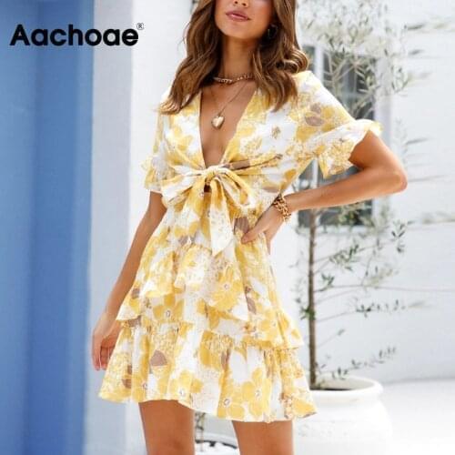 Aachoae Women Boho Floral Print Mini Dress Sexy Deep V Neck Holiady Beach Dress Butterfly Short Sleeve Summer A Line Dress