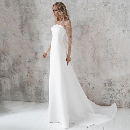 Charming Jersey A-Line O-Neck Long Sleeve Wedding Dress Sweep Train Pearls Zipper Back Bridal Gowns Vestido De Novia