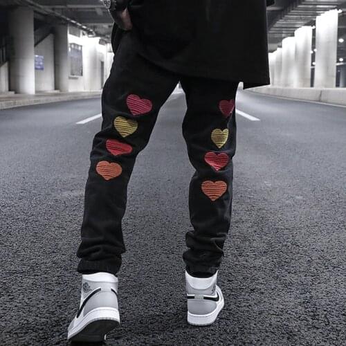 2021 Ripped Jeans Hip Hop Style Love Embroidery Slim Straight Leg Jeans Tide Brand Washing Water Trousers Man Stacked Jeans