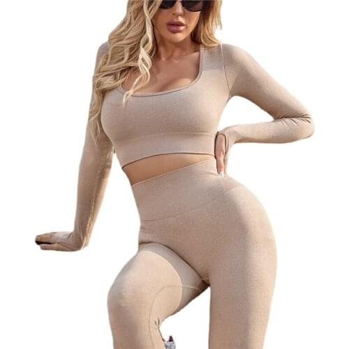 Seamless Yoga Set Women Two 2 Piece Long Sleeve Crop Top T-Shirt Leggings Sportsuit Workout Outfit Gym Wear Sport