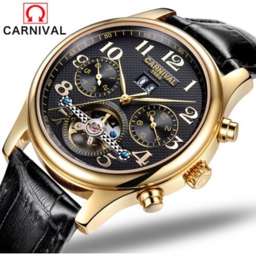Original CARNIVAL Watch Men Luxury Brand Fashion Automatic Mechanical Male Wristwatch Tourbillon Design Week Calendar Black dial