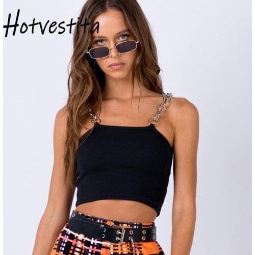 Hotvestita 2021 Summer Sexy Sleeveless Solid Crop Tops Women Chain Spaghetti Strap Cropped Bodycon Backless Basic Short Camisole