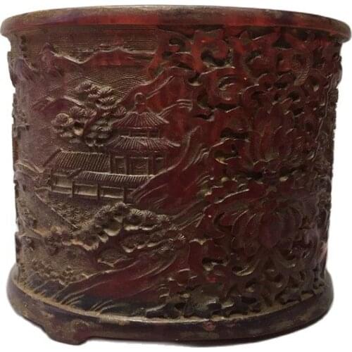 China Old Beijing Old Goods Red Amber Carving Amber Pen Holder