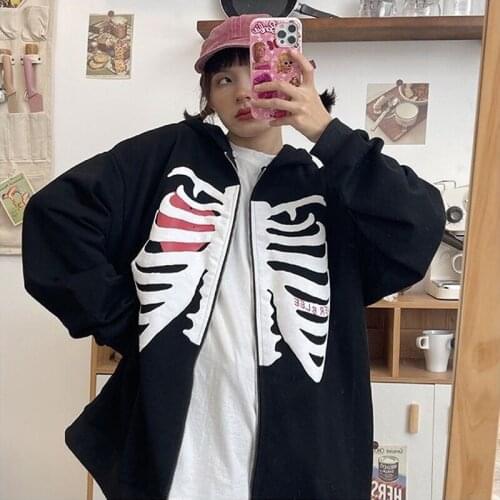 Zipper Jacket Coats For Women Y2K Harajuku Goth Grunge Skull Print Hooded Jackets Korean Style Loose Long Sleeve Solid Coat Men