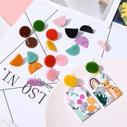 Summer style 50pcs/lot color print geometry rounds/semicircle acrylic fashion women earring studs diy jewelry earrings accessory