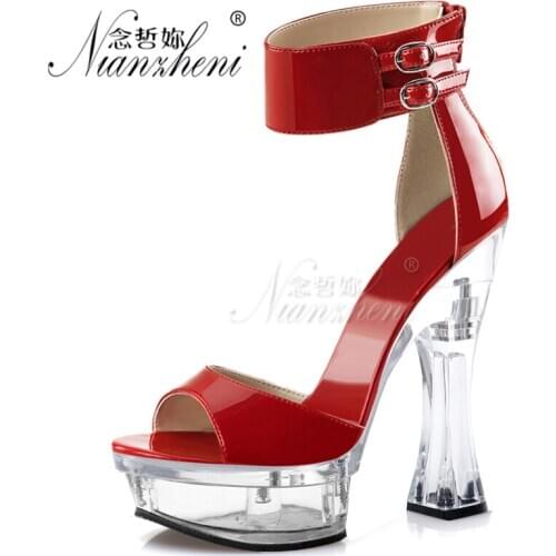 Fashion Patent leather Spool heels Womens Sandals 6 inches Buckle strap Shallow 14cm Super High heeled shoes Sexy Fetish Coarse