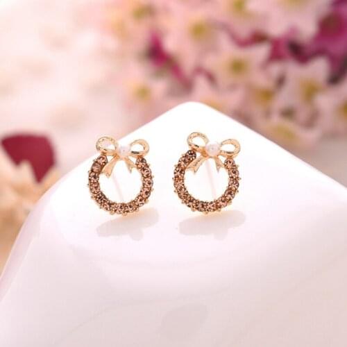 Fashion Personality Crystal Bow Earrings Ladies Crystal Stud Earrings Round Earrings Jewelry Gifts