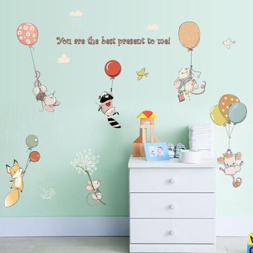 Cartoon Mouse Balloon Wall Sticker Cute Animal Stickers for Kids Room Bedroom Nursery Mural Decals DIY Vinyl Dorm Home Decor
