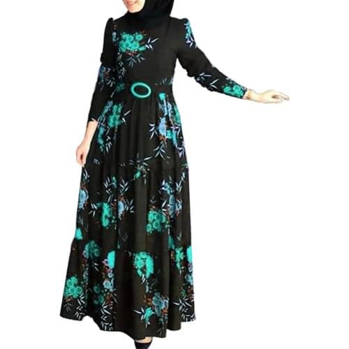 Muslim Long Dress Robe Women Long Sleeve Muslim Abaya Dress Ethnic Floral Print Belt Maxi Kaftan Robe Long Dress Casual Robe