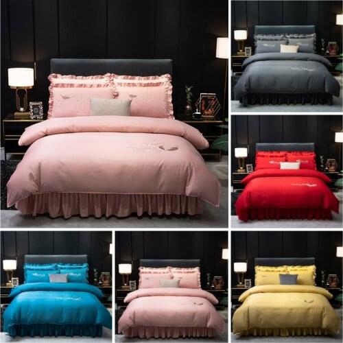 4 Pcs Luxury European Style Duvet Cover Set Silk Cotton Bedding Quilt Cover Pillowcase Queen King Bed Skirt 7 Color