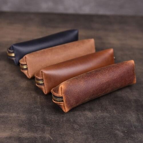 2021 New Handmade Genuine Leather Pencil Bag Vintage Cowhide Zipper Pen Case School Bag