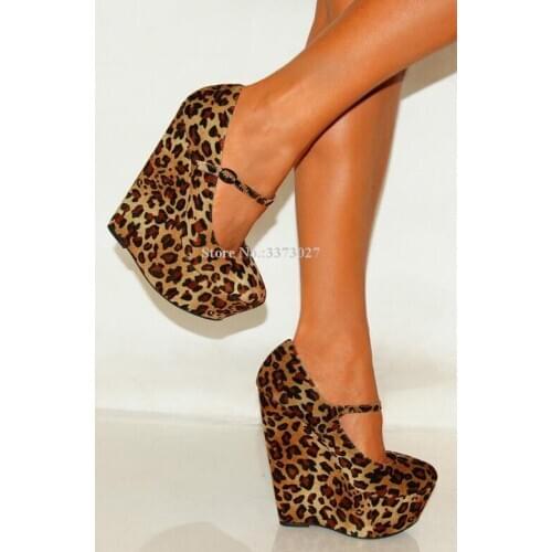 New Leopard Suede Platform Wedge Shoes Women Fashion Round Toe Buckle Strap Sexy High Heels Dress Shoes Lady Real Photos Shoes