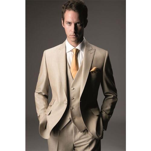 New Design One Button Beige Groom Tuxedos Peak Lapel Groomsmen Mens Wedding Prom Suits (Jacket+Pants+Vest+Tie) NO:21