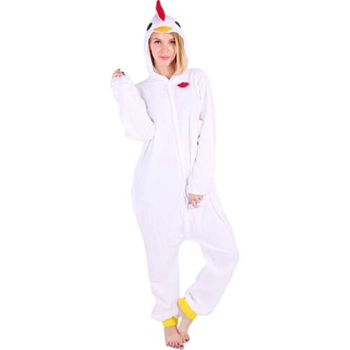 Pajamas Adults Fleece White Chicken Onesies Cute Cartoon Special Animal Halloween Party Costume Jumpsuits Hooded Pyjamas Suit