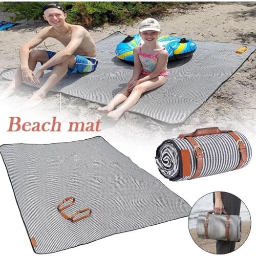 Hot Outdoor Picnic Blanket with PU Handle Waterproof Rectangular Square Foldable Beach Tote Mat for Camping Hiking