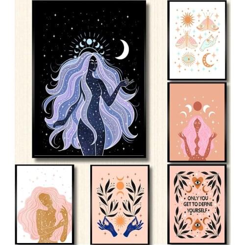 Nordic Artwork Boho Art Drawing Posters and Prints Celestial Stars Moon Magical Sun Wall Pictures for Living Room Home Decor