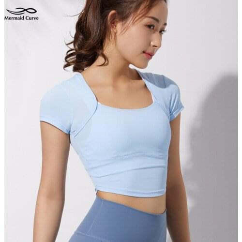 Mermaid Curve Yoga Clothes Gym Curved Hem Women Sports T-shirt Stitching Short Sleeved Slim Quick Dry Ice Fabric Pilates Top Run