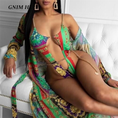 GNIM Sexy Hollow Out Print Swimwear Women One Piece Chain Brazilian Swimsuit Bikini 2021 New Backless Top Sell Swimming Suit