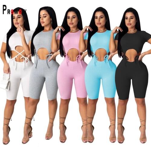 Prowow Sexy Hollow Out Women Playsuits 2021 New Summer Bandage One Piece Romper Soild Color Short-sleeved Female Bodycon Outfit