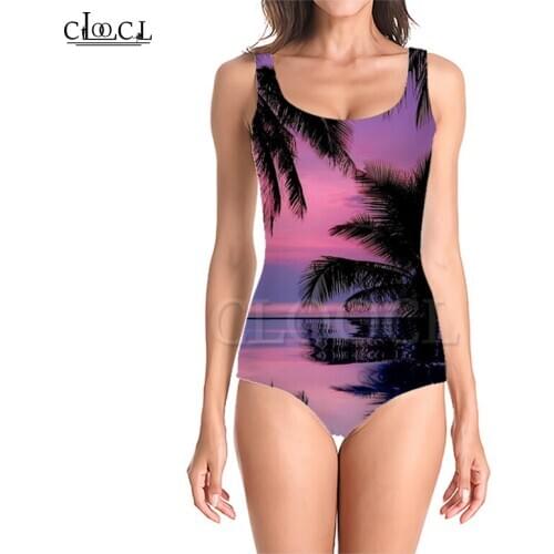 CLOOCL Sandy Beach Women Plant Palm Tree 3D Print Girls One-piece Swimsuit Bathing Suit Sleeveless Slim Sexy Women Swimwear
