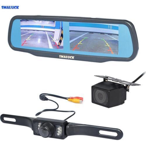 SMALUCK Dual 4.3 inch Screen Rearview Car Mirror Monitor + Waterproof IR Night Vision Car Rear View Reverse Backup Car Camera