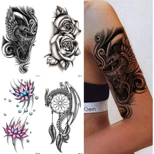 1Sheet Waterproof Temporary Tattoo Sticker Mask Warrior Skull Owl Flash Tattoos Body Art Arm Fake Sleeve Tatoo Women Men