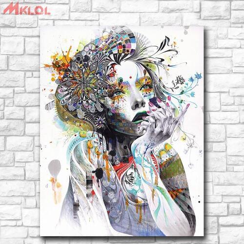 Wxkoil Abstract Art Girl With Flowers Circulation Wall Art Canvas Painting For Living Room Home Decor Oil Painting Wall Picture