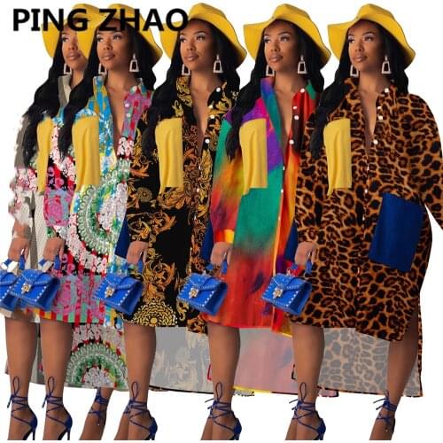PING ZHAO Women Print Splicing Blouses Irregular Maxi Dress Casual Long Sleeve Shirt Loose Dresses Vestido
