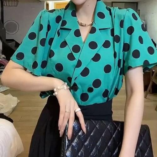 Fashion Dot Blouse Women 2021 New Summer Notched Collar Short Sleeve Shirts Elegant Office Work Ladies Casual Tops Female Lu2015