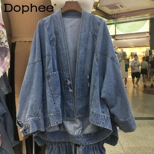 2021 Autumn Vintage Chinese Style Button Oversize Denim Jacket Women Fashion Clothing Loose Casual Long Sleeve Coats Jean Jacket