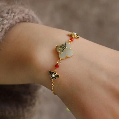 Vintage Clover Flower Green White Jade Enamel Chain Bracelets for Women 14k Gold Color Chic Jewelry Accessory Gifts Dropshipping