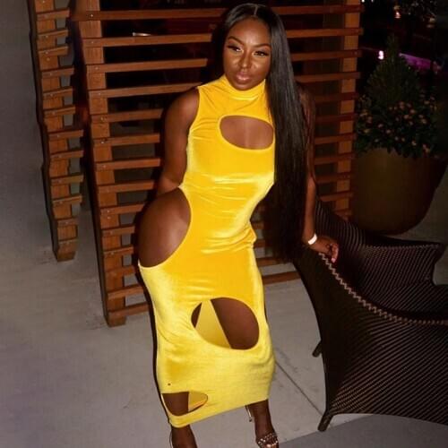 Adogirl Sexy Velvet Dress Women Turtleneck Sleeveless Mid-Calf Elegant Shiny Bodycon Cut Out Hole Evening Party Night Dresses