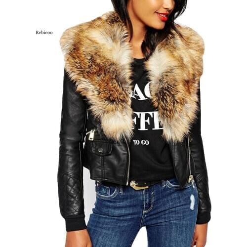 Winter Fur Neck Jacket Long Sleeve Elegant Slim Women Leather Jacket Female Clothing Coat