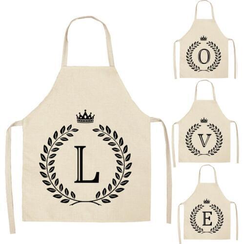 1 Pcs Simple Crown Letter Printed Kitchen Apron for Woman Man Cotton Linen Aprons For Cooking Home Cleaning Tools