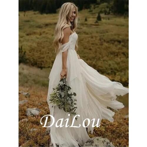 30D Chiffon Floor-Length Off-The-Shoulder A-Line Sleeveless Ruched Country Beach Wedding Dress 2021