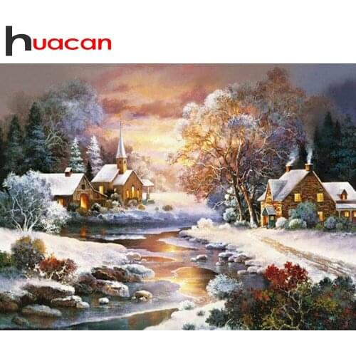 Huacan 5D Diamond Painting Cross Stitch Landscape Diamond Embroidery Mosaic Needlework Winter House Home Decor