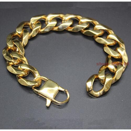 17mm/19mm Brand New Fashion Mens Gold Tone Stainless Steel Wide Heavy Curb Chain Bracelet Popular Sale
