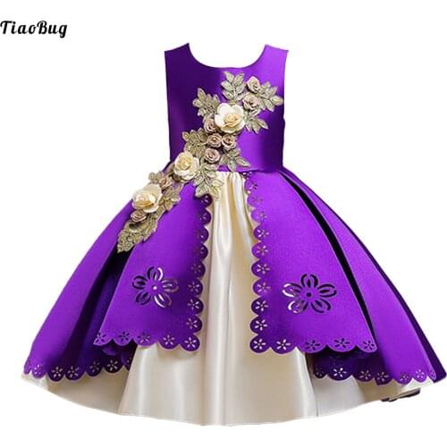 TiaoBug Kids Girls Hollow Satin Dress Round Neck Sleeveless 3D Embroidery Hollow Floral Edge High-Low Hem Party Wedding Costume