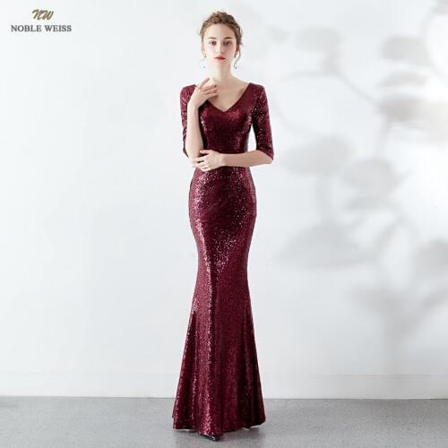 Long Evening Dresses Dark Red Sequined Mermaid Evening Gowns Sexy V-Neck Women Formal Dresses With Half Sleeves