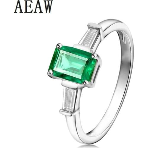 Solid 14k White Gold Lab Created Colombian Emerald Ring Engagement Wedding for Women Setting with Baguette Cut Moissanite 1.8CT