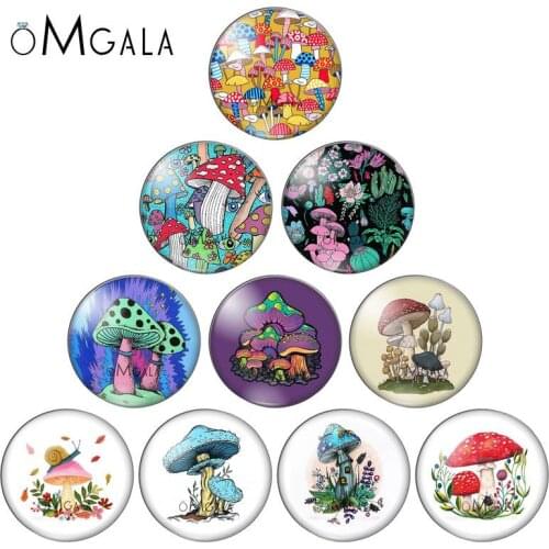 Colorful Paintings Mushroom mixed 10pcs 12mm/18mm/20mm/25mm Round photo glass cabochon demo flat back Making findings