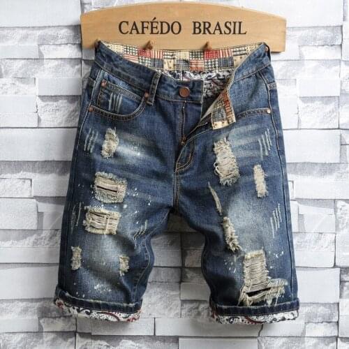 Summer New Ripped Denim Shorts Trend Casual Mens Straight Beach Five-point Pants Fashion -40