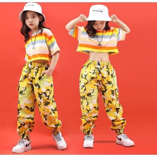 Summer New Girl Jazz Dance Clothes Fashion Striped T-Shirt Camouflage Pants ChildrenS Hip-Hop Street Catwalk Costumes DL5788