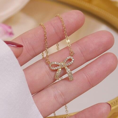 Cute 14K Gold Bowknot Pendant Long Chain Necklace with Bling Zircon Stone for Women Fahsion Jewelry 2021 Trend New