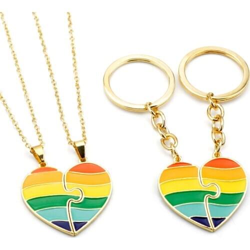 Fashion LGBT Creative Heart Rainbow Couple Metal Enamel Pendant Necklaces Gay Lesbian Pride Jewelry Accessories Gift