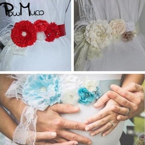 Powmuco Fashion Handmade Peony Flower Sash Shining Pearls Rhinestone Floral Maternity Belt Clothing Decoration Photography Props